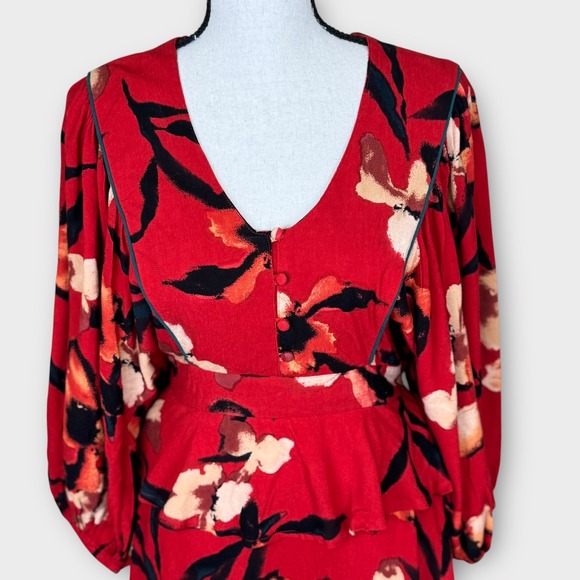 Band of the Free Floral Print Mini Dress Red Black Peplum Long Sleeve Size S NWT - Picture 6 of 10